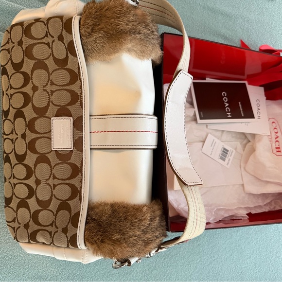 Coach Cream and Brown Fur Accent Bag - Picture 3 of 7